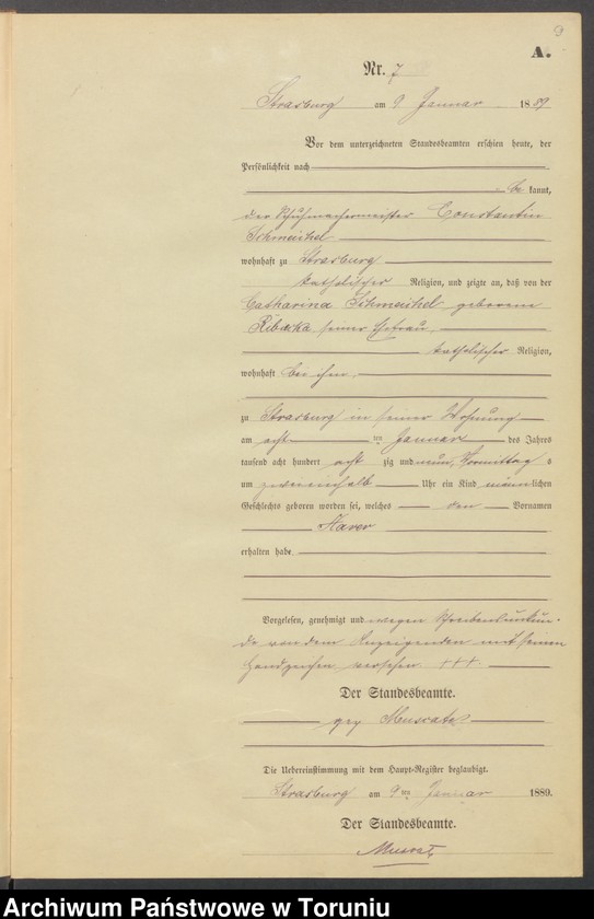 image.from.unit.number "Geburts-Neben-Register Strasburg W/Pr. für das Jahr 1889"
