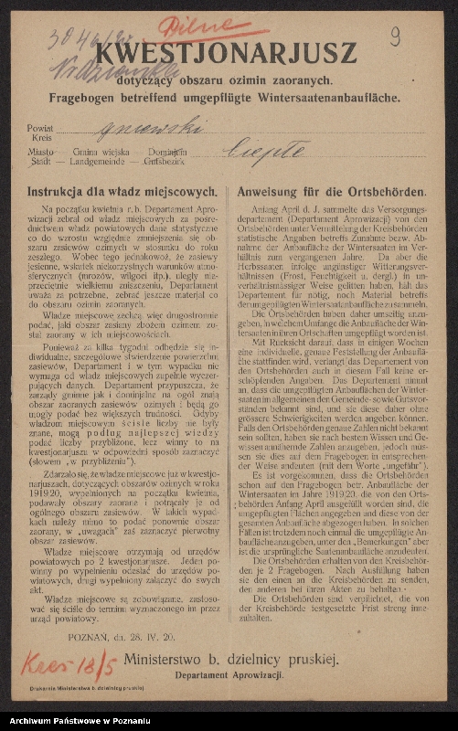 Obraz 11 z jednostki "[Kwestionariusze dotyczące obszaru ozimin zaoranych, powiat gniewski]"