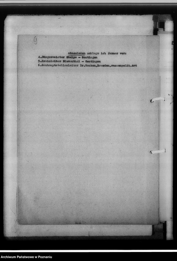 Obraz 13 z jednostki "Arbeitsbesprechung der Sippenamtsleiter in Gostingen [Gostyń, porządek obrad i sprawozdanie z zebrania kierowników powiatowych urzędów do spraw genealogicznych z terenu województwa poznańskiego]"
