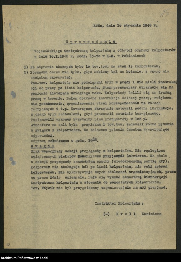 Obraz 17 z jednostki "Kolportaż - sprawozdania instruktora [wojewódzkiego] z wyjazdów w teren"
