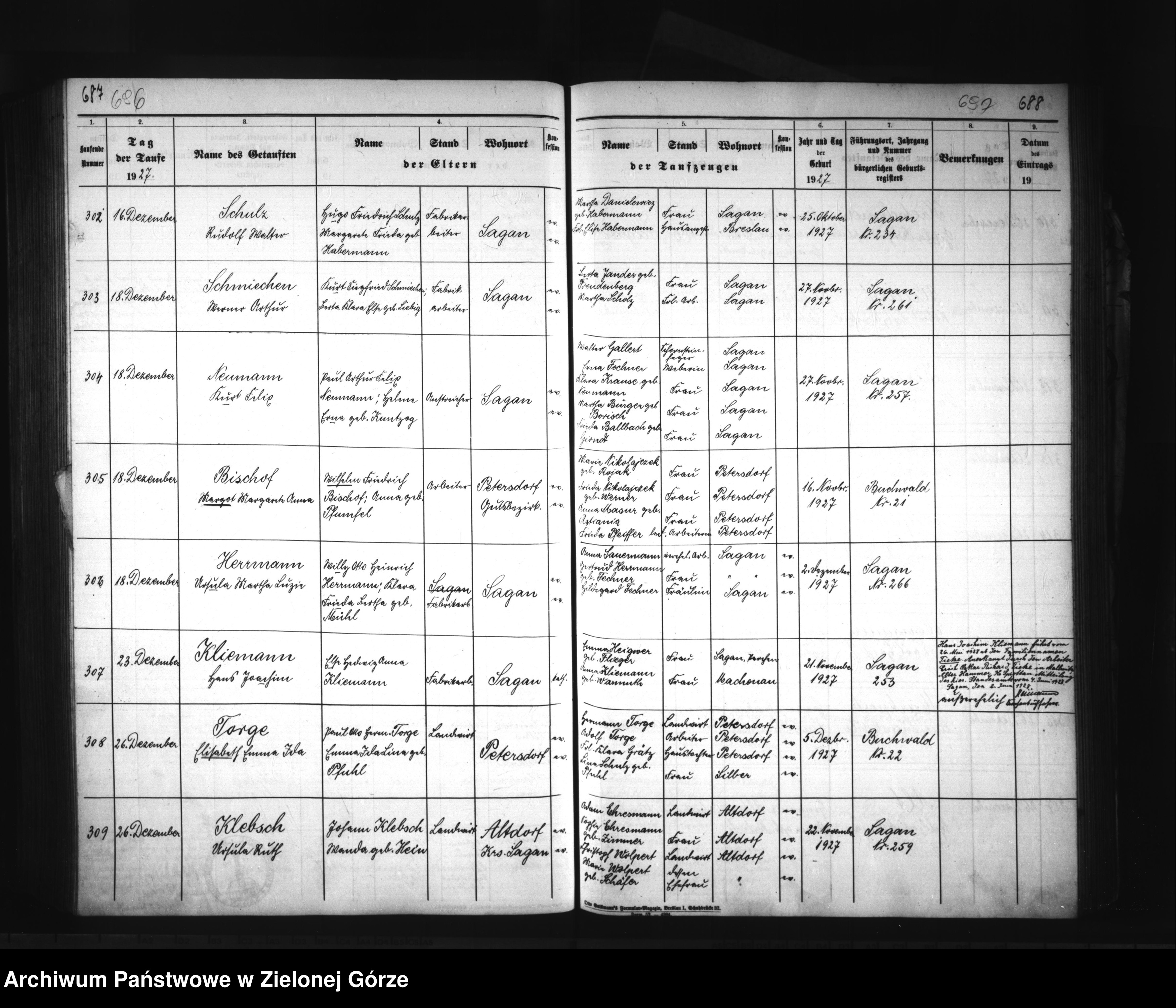 Skan z jednostki: Verzeichnis der Getauften der evangelischen Kirche zu Sachen angefangen 1. Januar 1921