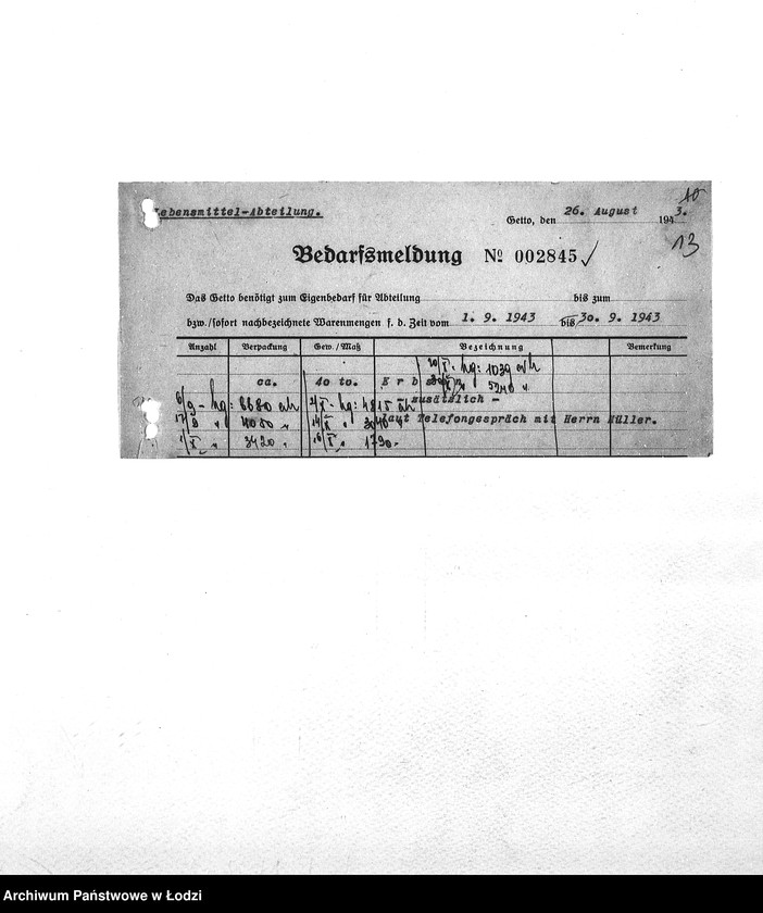 Obraz 16 z jednostki "Bedarfsmeldungen [Zapotrzebowania na żywność]"