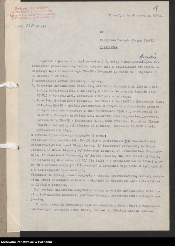 Obraz 9 z jednostki "Sprawozdanie z działalności Rzecznika Okręgowego Sądu Koleżeńskiego za okres od 1.l. - 30.Vl.1971 roku - 1973 roku"