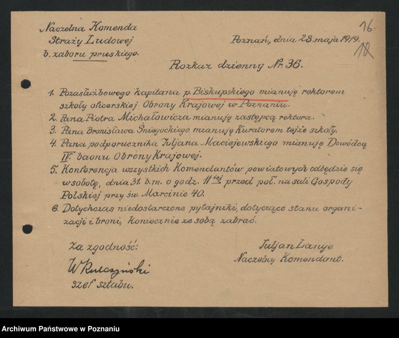 Obraz 18 z jednostki "/Rozkazy dzienne Straży Ludowej byłego Zaboru Pruskiego, przemianowanej następnie na wojsko "Obrony Kraju"/."