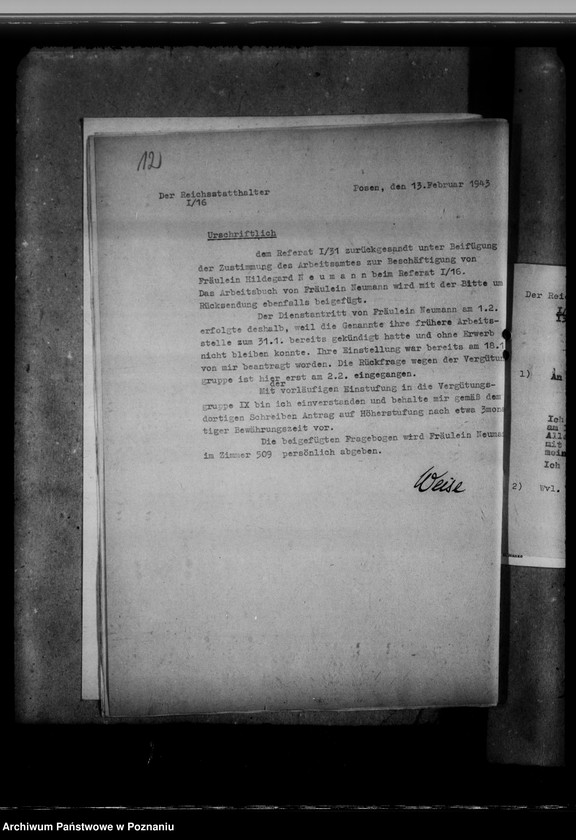 Obraz 16 z jednostki "Personalakten der Angestellten im Reichsarchiv - Posen, Hildegard Neumann"