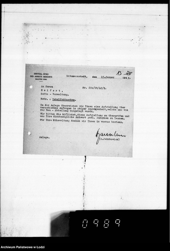 Obraz 17 z jednostki "Post an den Ältesten der Juden D.W.H.[Korespondencja dotycząca różnych prac w Getcie]"