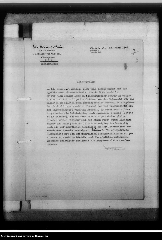 Obraz 12 z jednostki "[Korespondencja w sprawach organizacyjnych, sprawozdanie z działalności], Kreissippenamt Warthbrücken [Koło]"