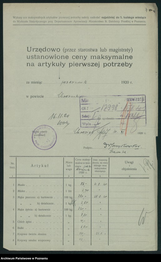 Obraz 9 z jednostki "[Wykazy urzędowo ustanowionych cen maksymalnych na artykuły pierwszej potrzeby na terenie Województwa Poznańskiego za miesiąc październik 1920 roku]"