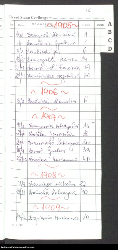 Obraz 13 z jednostki "[Skorowidz alfabetyczny do akt małżeństw i zgonów] za lata 1905-1912]"