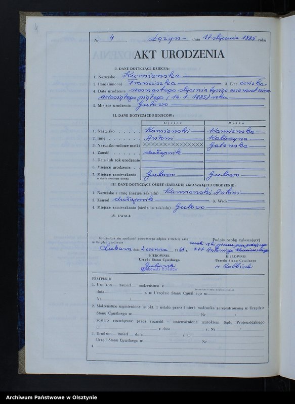 Obraz 6 z jednostki "Ksiega urodzeń Nr 1 - 90 /przepisana w języku polskim z oryginału niemieckiego w dniach 2.06.-16.06.1961/"