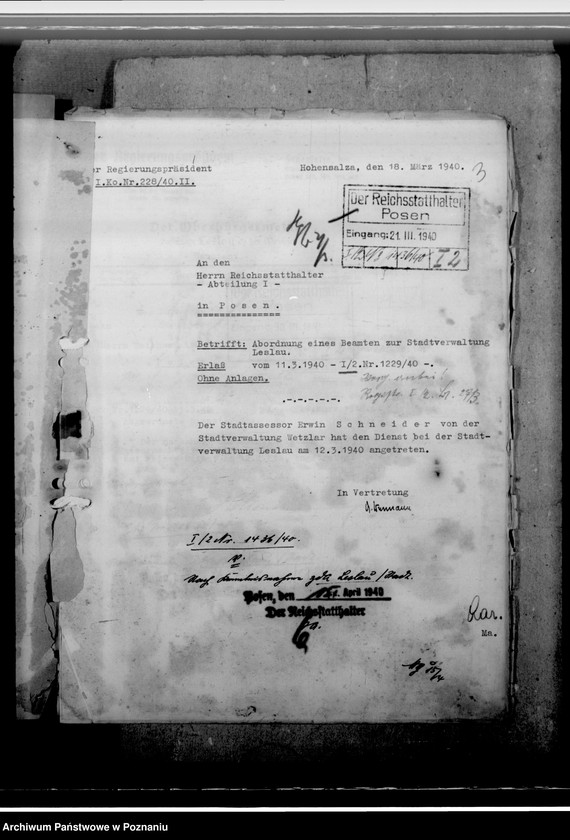image.from.unit.number "Berufung des Assessors Schneider in Hohensalza - Inowrocław, zum 3. Beigeordneten- Stadtrechtsrat"
