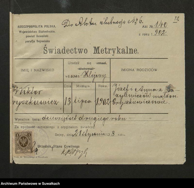 image.from.unit.number "Dokumenty Zaślubionych Smoleńskiej parafji za 1928 rok"