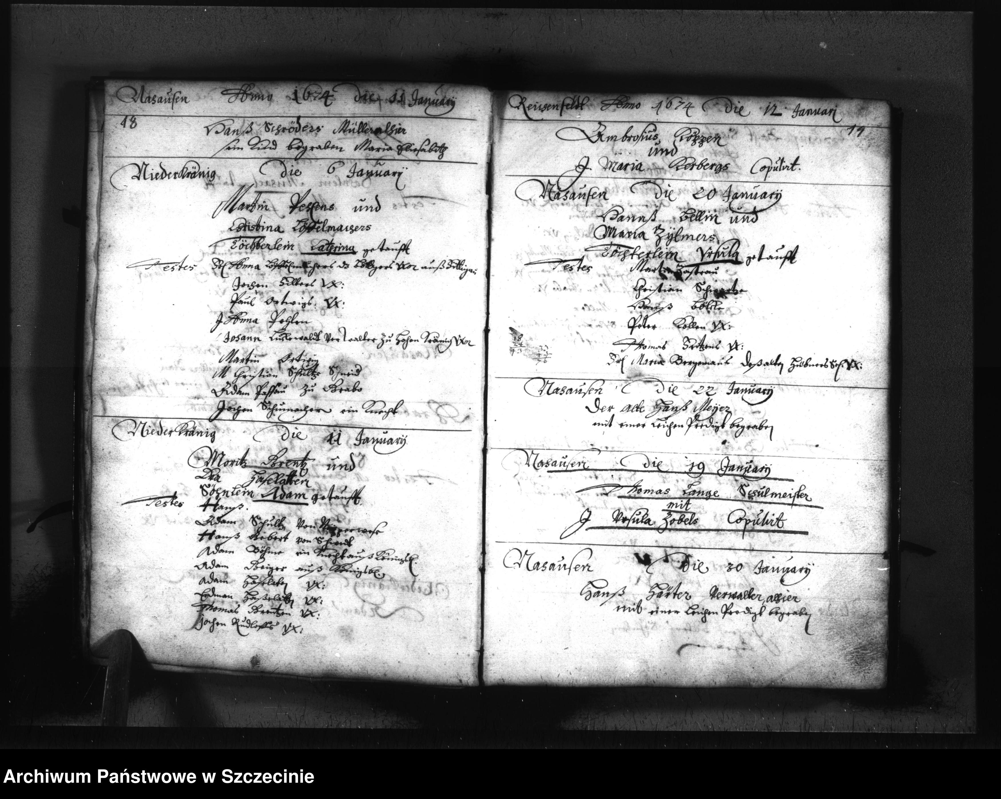 Skan z jednostki: Kirchenbuch Für Nahausen (Nawodna, choj.), Grabow (Grabowo, choj.) Reichenfelde (Garnowo, choj.) und Niederkraenig (Krajnik Dolny) von 1673-1682. Von 1683-1693 für die drei ersten Gemeinen, ohne Nieder Kraenig.