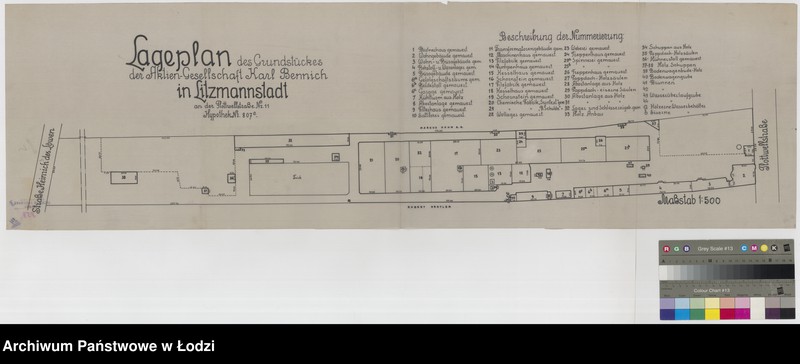 Obraz 1 z jednostki "Lageplan des Grundstückes der Aktien-Gesellschaft Karl Bennich in Litzmannstadt an der Flottwellstrasse Nr 11, Hypothek Nr 807c"