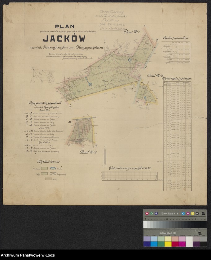 Obraz 1 z jednostki "Plan gruntów z podziału ogólnego pastwiska we wsi włościańskiej Jacków w powiecie radomskowskim, gminie Kruszyna położonych oraz pierworys pomiaru ogólnego pastwiska we wsi Jacków"