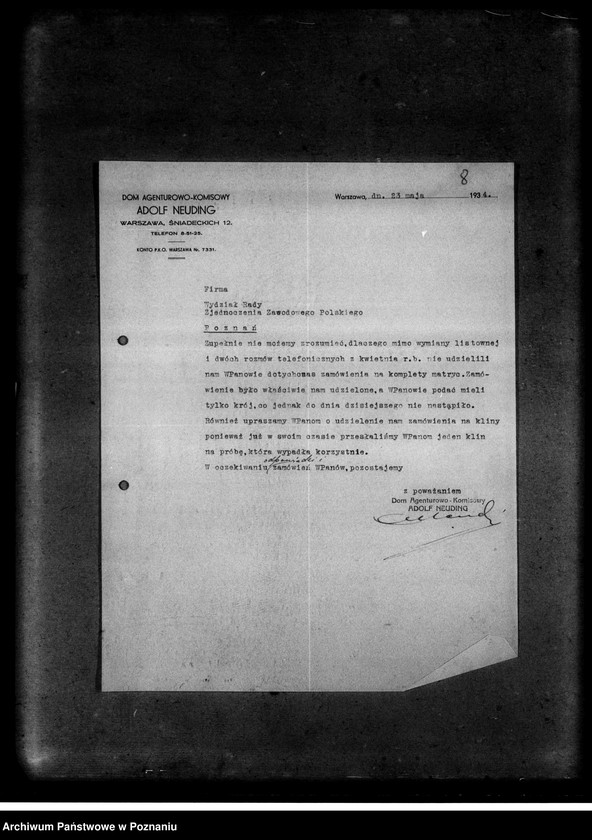 Obraz 12 z jednostki "Korespondencja z firmami: Tadeusz Drozdowski i Spółka z ograniczoną odpowiedzialnością oraz Dom Agentowo-Komisowy Adolf Neuding w sprawi maszyn i części linotypowych"