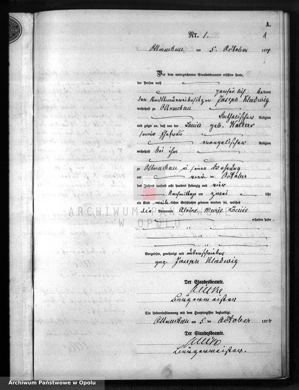 Obraz z jednostki "Geburts-Neben-Register es Standes-Amts Ottmachau pro IV Quartal des Jahres 1874"