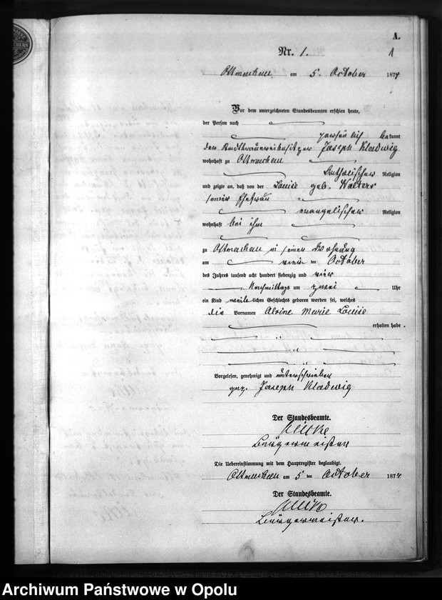 image.from.unit "Geburts-Neben-Register es Standes-Amts Ottmachau pro IV Quartal des Jahres 1874"