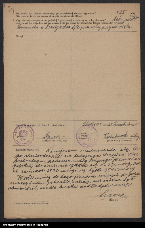 Obraz 20 z jednostki "[Kwestionariusze dotyczące stwierdzenia gruntów znajdujących się po polskiej stronie pogranicza a zarządzanych przez zamieszkałych po stronie niemieckiej] powiat chojnicki"