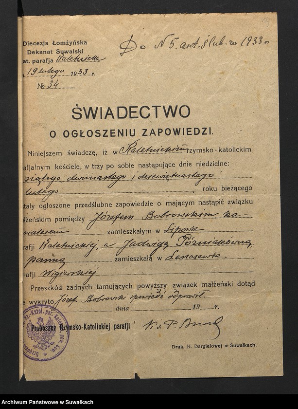 Obraz 5 z jednostki "Aneksa Aktów Ślubnych w Rz-Katolickiej Parafji Wigierskiej za 1933 rok"