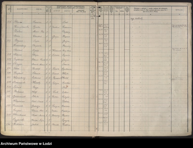 Obraz 20 z jednostki "Księga kontroli ruchu ludności (rejestr osób przybywających do gminy) Łódź, komisariat IV, ks. I, nr 1-3076"