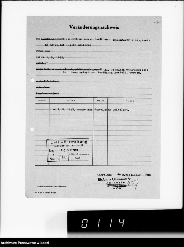 Obraz 11 z jednostki "Sonderkonto 12300. Arbeitsamt Litzmannstadt Judenlager: Löwenstadt- (Amtskommissar Löwenstadt), Hulanki- (Krs.Litzmannstadt), Jendrzejów, Andrzejów, Ostrowo (Krs.L-stadt)."