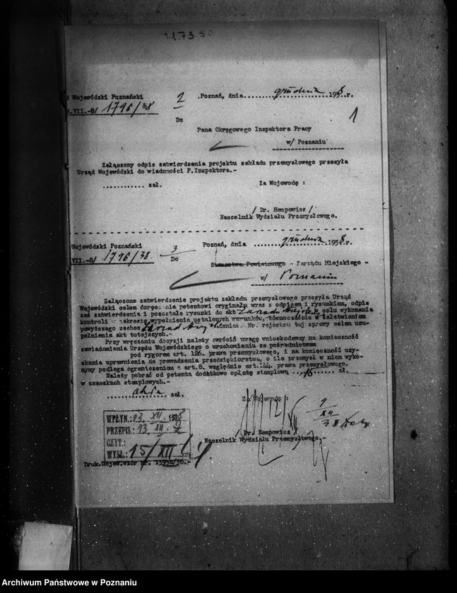 Obraz 5 z jednostki "Zatwierdzenie projektu zakładu przemysłowego /laboratorium do obróbki filmów acetylocelulozowych/ M. Wejman Poznań ul. Kościelna 17"