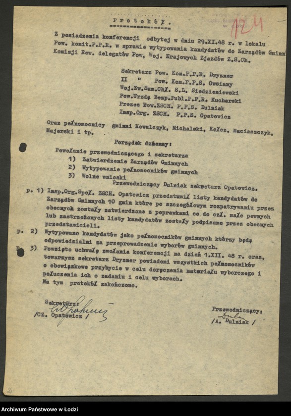 Obraz 3 z jednostki "Związek Samopomocy Chłopskiej - protokoły [z zebrań Zarządu Oddziału Powiatowego, sprawozdania z działalności, wykazy delegatów na zjazdy, składy zarządów gminnych]"