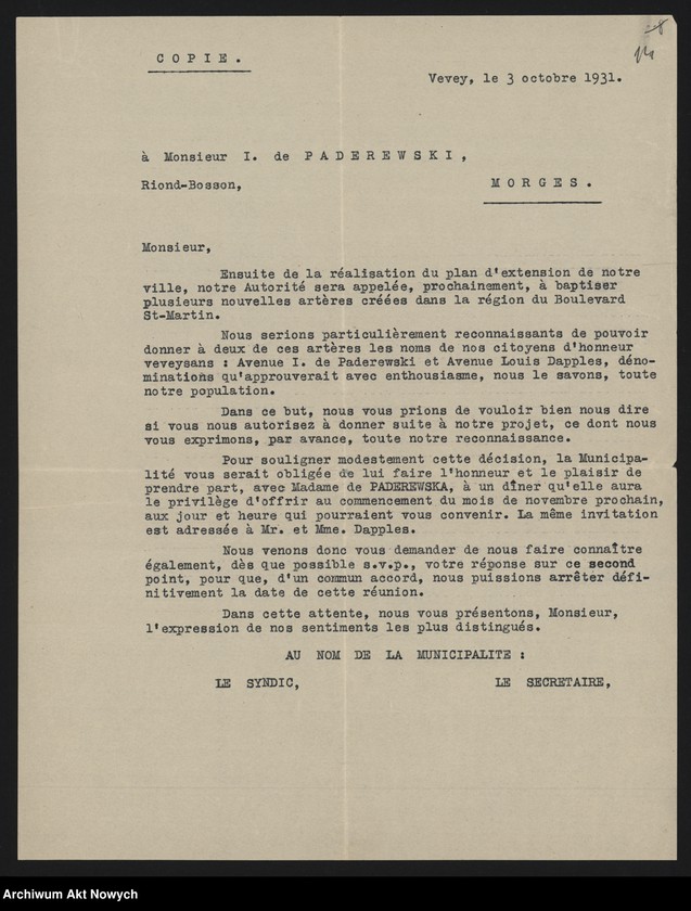 Obraz 16 z jednostki "Municiapalité de Vevey; Załączniki: a) zaproszenia; b) wycinek prasowy; c) 2 fotografie Bulwaru I. J. Paderewskiego; L.19 (odpowiedzi - rękopisy)"