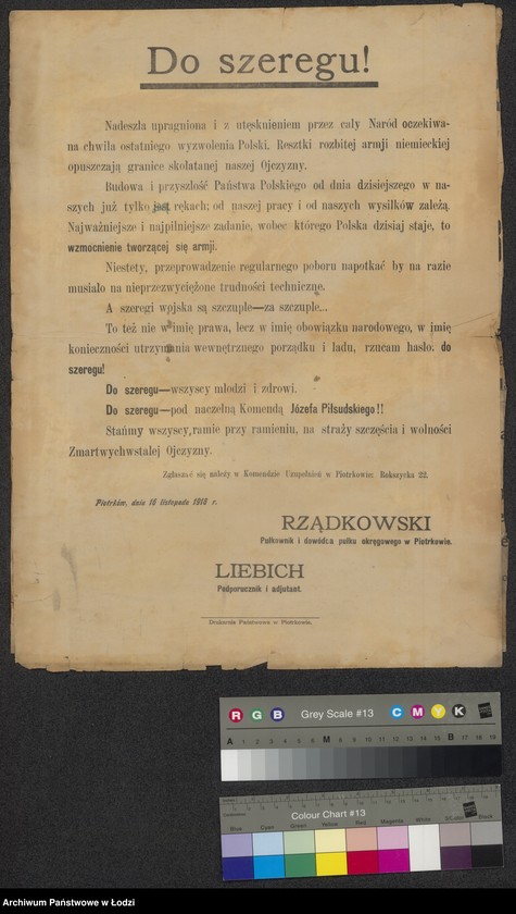 Obraz 1 z jednostki "[Odezwa Piotrkowskiego Pułku Okręgowego wzywajaca do mobilizacji]"