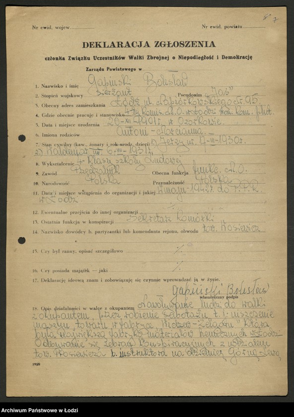 Obraz 8 z jednostki "Związek Uczestników Walki Zbrojnej o Niepodległość i Demokrację; deklaracje [członkowskie], wnioski odznaczeniowe"