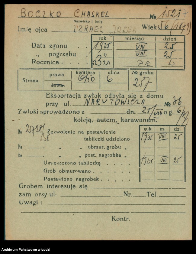 Obraz 9 z jednostki "Kartoteka osób pochowanych na cmentarzu żydowskim przy ulicy Brackiej w latach 1892-1956. Nazwiska na litery: Bock-Bö"