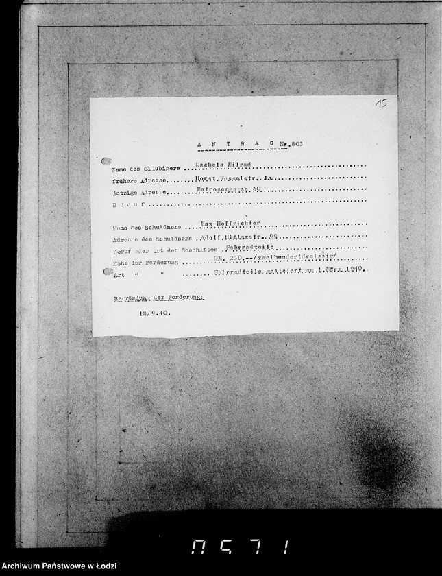 Obraz 19 z jednostki "J.801-820 [Wnioski Żydów z Getta o zwrot należności za towar wzięty na kredyt oraz za wykonaną pracę]"