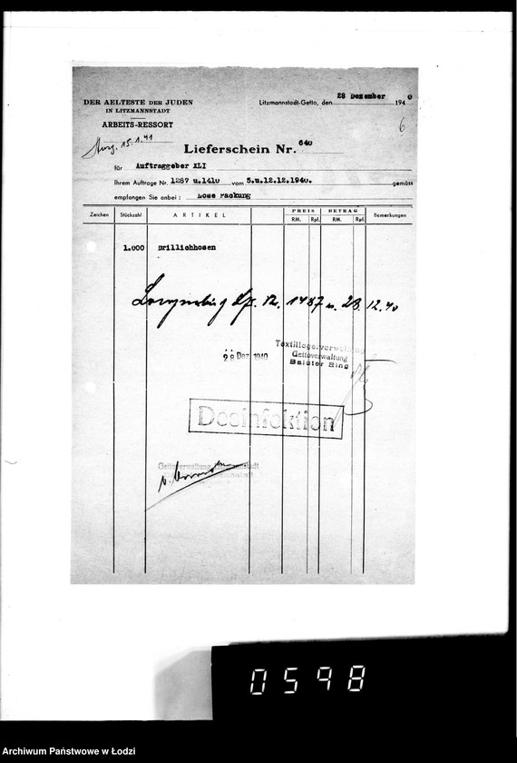 Obraz 10 z jednostki "[Dowody dostawy umundurowania dla intendentury wojskowej Berlin II]"