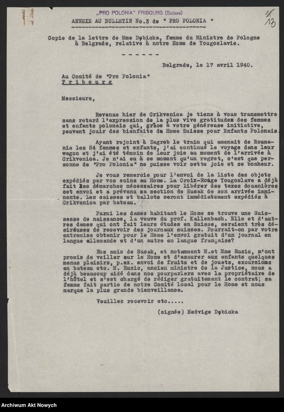 image.from.unit.number "Pro Polonia. Oeuvre suisse de secours aux Polonia victimes de la guerra; Załączniki: 1) Biuletyny Nr Nr 1,2,3; 2) Apel; 3) Raport dotyczący dzieci uciekinierów polskich; 4) kopia listu J. Dębickiego do "Pro Polonia"; L.3"
