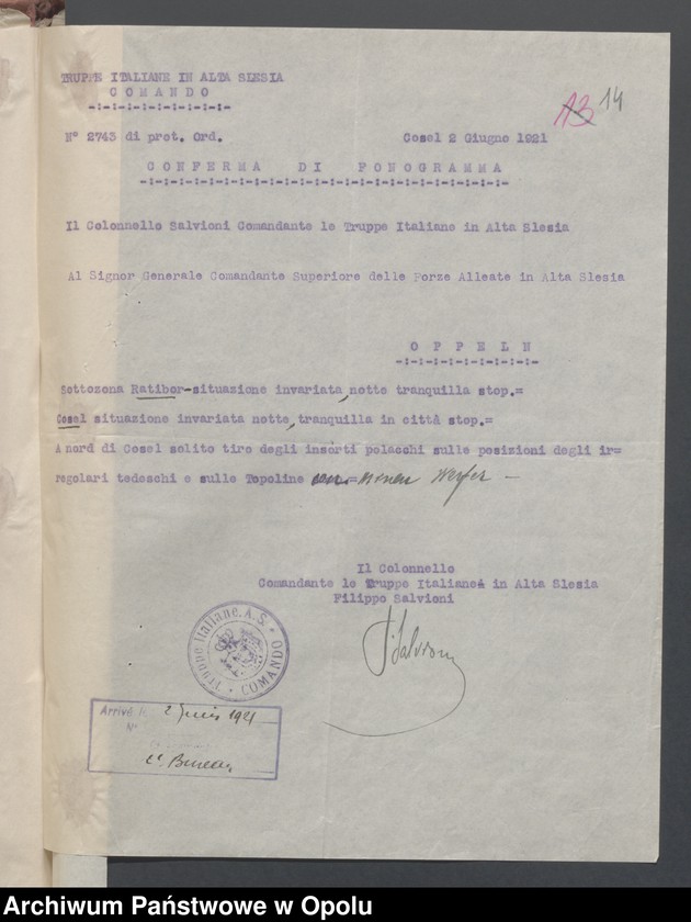 Obraz 16 z jednostki "Entrees-Pieces emanant des autorites Subordonnees-Evenements /Korespondencja od jednostek podległych w sprawie zdarzenia z miesiąca VI.1921/ 1-25.06.1921"