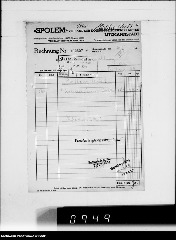 Obraz 8 z jednostki ""Społem" Rechnungen [za dostawy towarów dla Getta]"