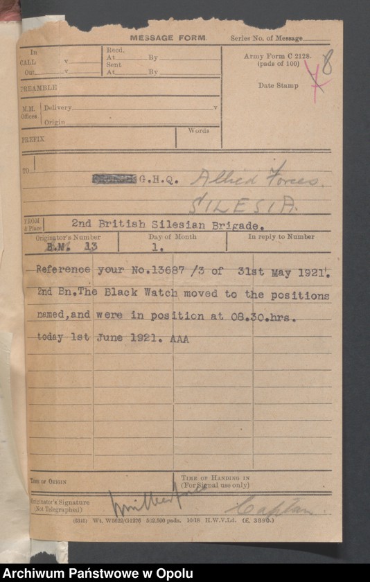 Obraz 10 z jednostki "Entrees-Pieces emanant des autorites Subordonnees-Evenements /Korespondencja od jednostek podległych w sprawie zdarzenia z miesiąca VI.1921/ 1-25.06.1921"