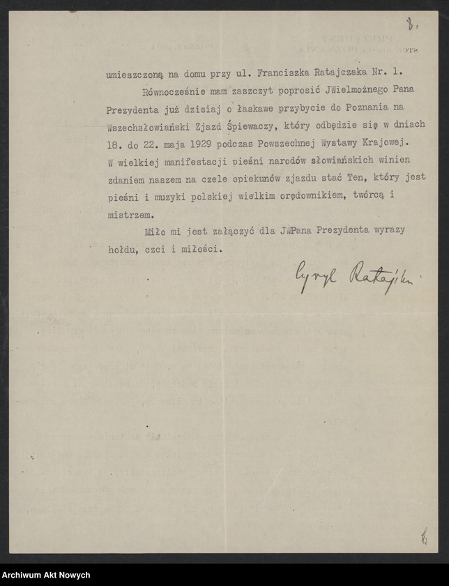 image.from.unit.number "Władze miejskie m. Poznania; Załączniki: a) zaproszenia; b) telegramy C. Ratajskiego (prez. m. Poznania) do E. B. Wilson (żony prez. W. Wilsona) i gen. Pershinga (rękopisy I. Paderewskiego dla C. Ratajskiego); c) telegramy E. B. Wilson, gen. I. Pershing