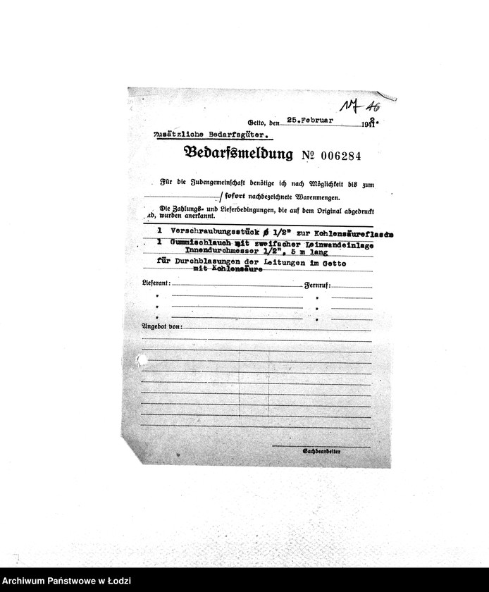 Obraz 20 z jednostki "Bedarfsmeldungen [Skierowane do GV zapotrzebowania na surowce, materiały, narzędzia, maszyny itp. potrzebne resortom pracy do produkcji; zamówienia żywności, lekarstw]"