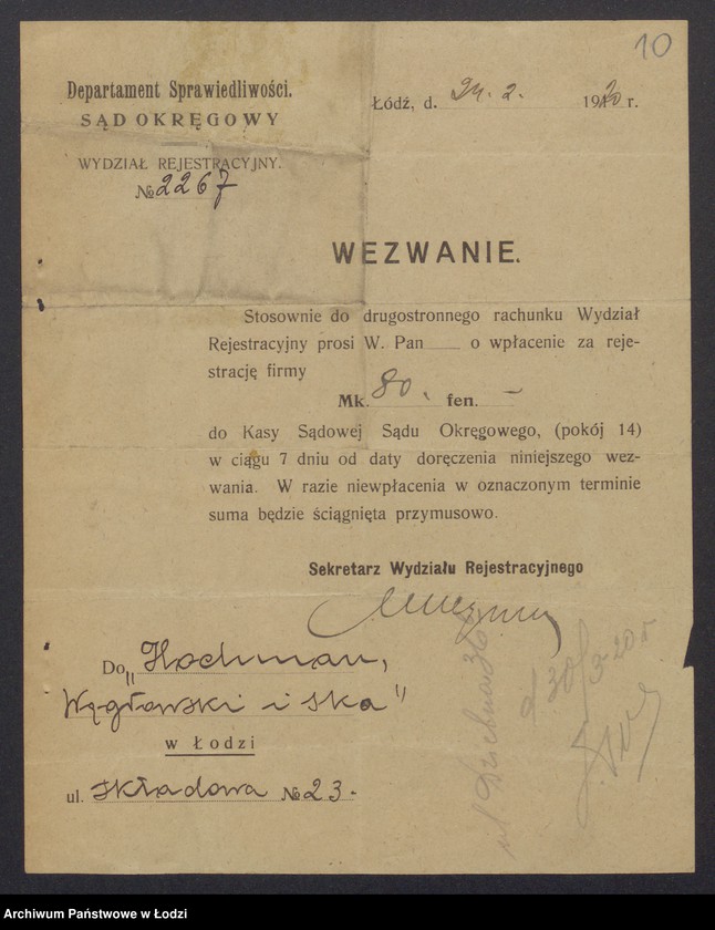 Obraz 12 z jednostki "Samuel Hochman, Samuel Węgrowski i S-ka- prowadzenie fabryki i sprzedaż towarów manufakturowych"