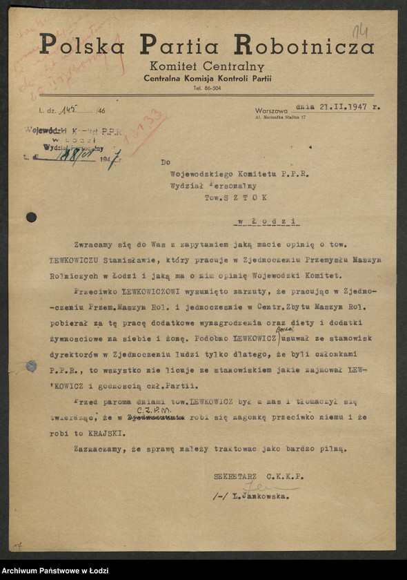 Obraz 15 z jednostki "Korespondencja [z Wydziałem Personalnym Komitetu Centralnego]"