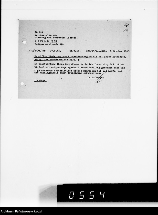 Obraz 18 z jednostki "Firma Eugen Althausen Litzmannstadt VIII [Zamówienia, rachunki, listy przesyłkowe]"