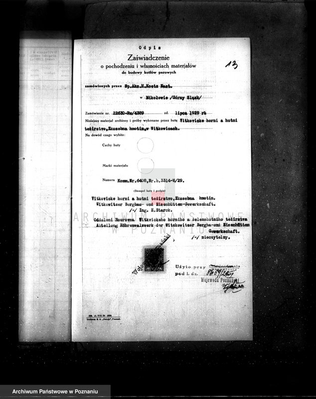 Obraz 18 z jednostki "Gorzelnia P. Kuettnera w Fabianowie pow. jarociński nr fabr. kotła 1960 nr woj. kotła 6273"