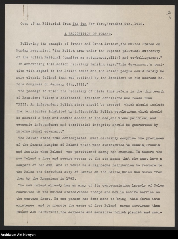 Obraz 5 z jednostki "Bartlett Agnes Willand; Załączniki: artykuł "A recognition of Poland" w: "The Sun" - N. York, 6 XI 1918 r.; L.1 (kopia - maszynopis)"