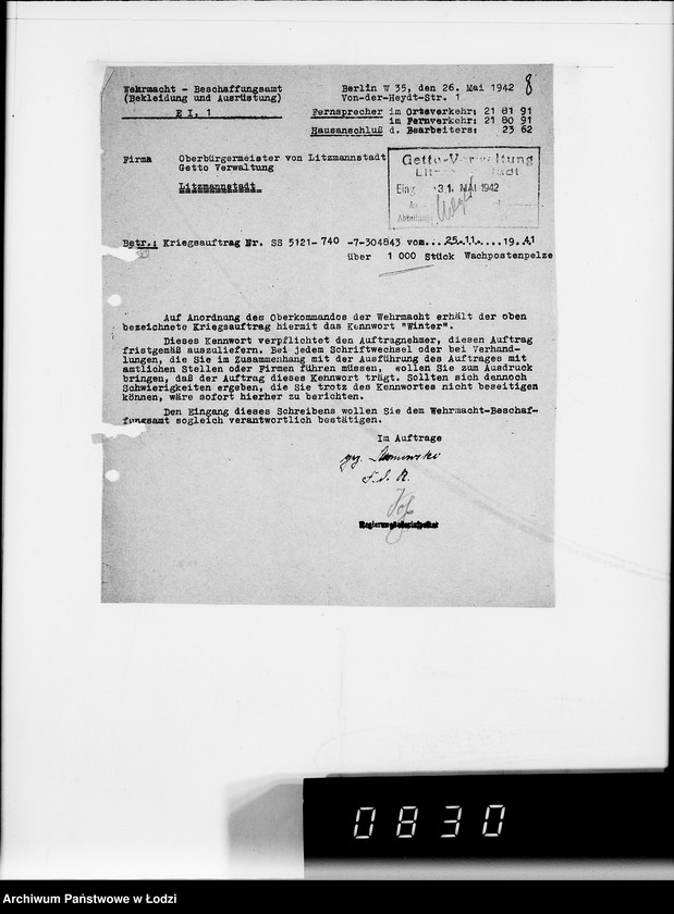 Obraz 12 z jednostki "5005 Kriegsauftrag 5121-304.843 1000 Stück Wachtpost Pelze HBA- Berlin"