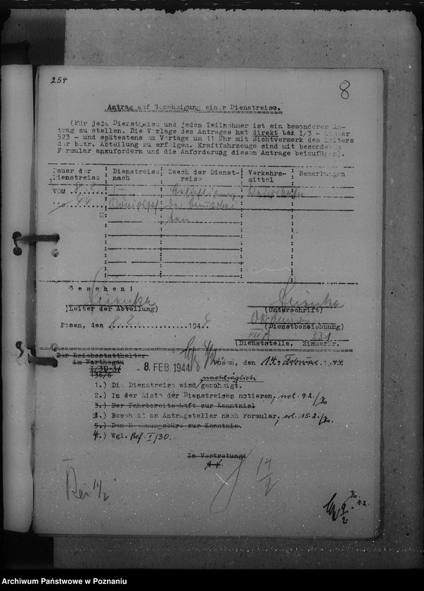 Obraz 12 z jednostki "Genehmigungen der Dienstreisen / Archivgut - Bytyn, Ceradz, Tarnowo, Starpel / i inne wyjazdy służbowe"