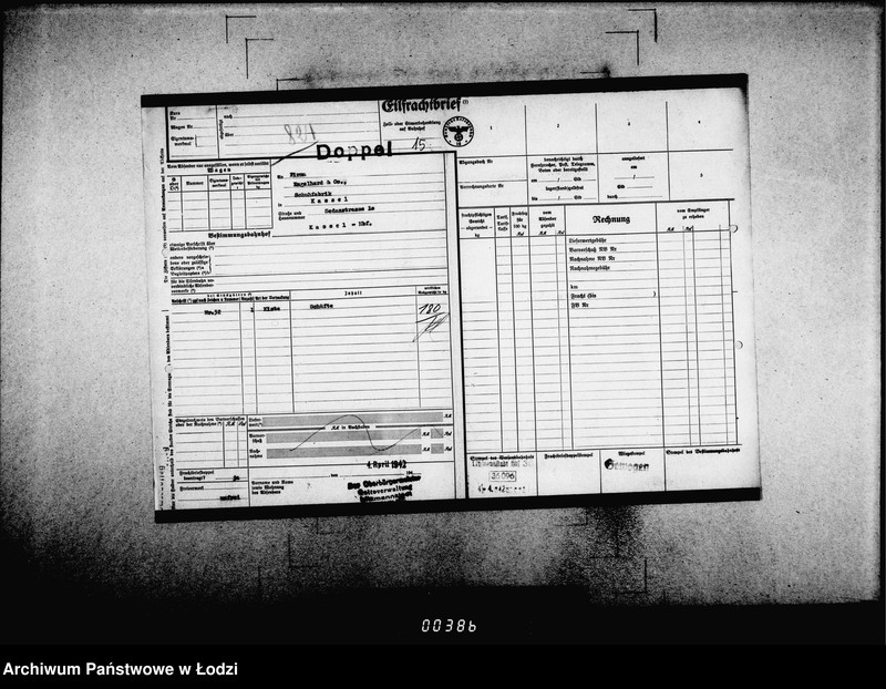 Obraz 19 z jednostki "Frachtbriefe [doppel einige Ausgang] vom 801-1300. [Wtórniki listów przewozowych]"