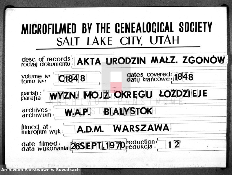image.from.unit.number "Duplikat Urodzonych, Zaślubionych i Umarłych w roku 1848 Okręgu Łoździejskiego Wyznania Mojżeszowego"