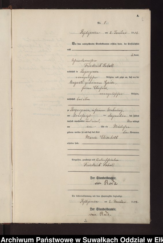 image.from.unit.number "Geburts-Neben-Register des Preussischen Standes-Amtes Rydzewen Kreis Lötzen"